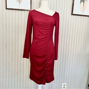 Ann Taylor Ruched Asymmetrical Red Fitted Long Sleeve Midi Dress
